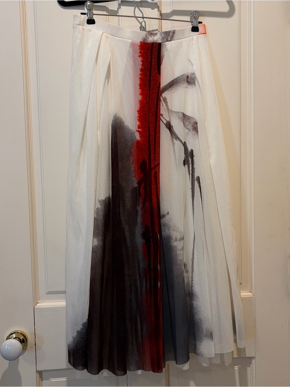 Fuzzi White Maxi Skirt with Red & Gray Watercolor Print